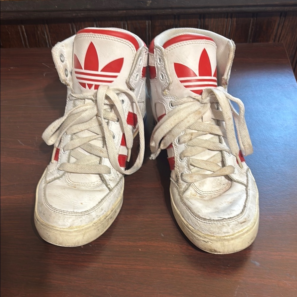 Adidas White and Red High-Top Sneakers